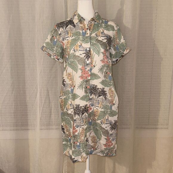 C&C XS Hawaiian Shirt Dress White Green Tropical Surf Boards Beach Toucan - Picture 1 of 10